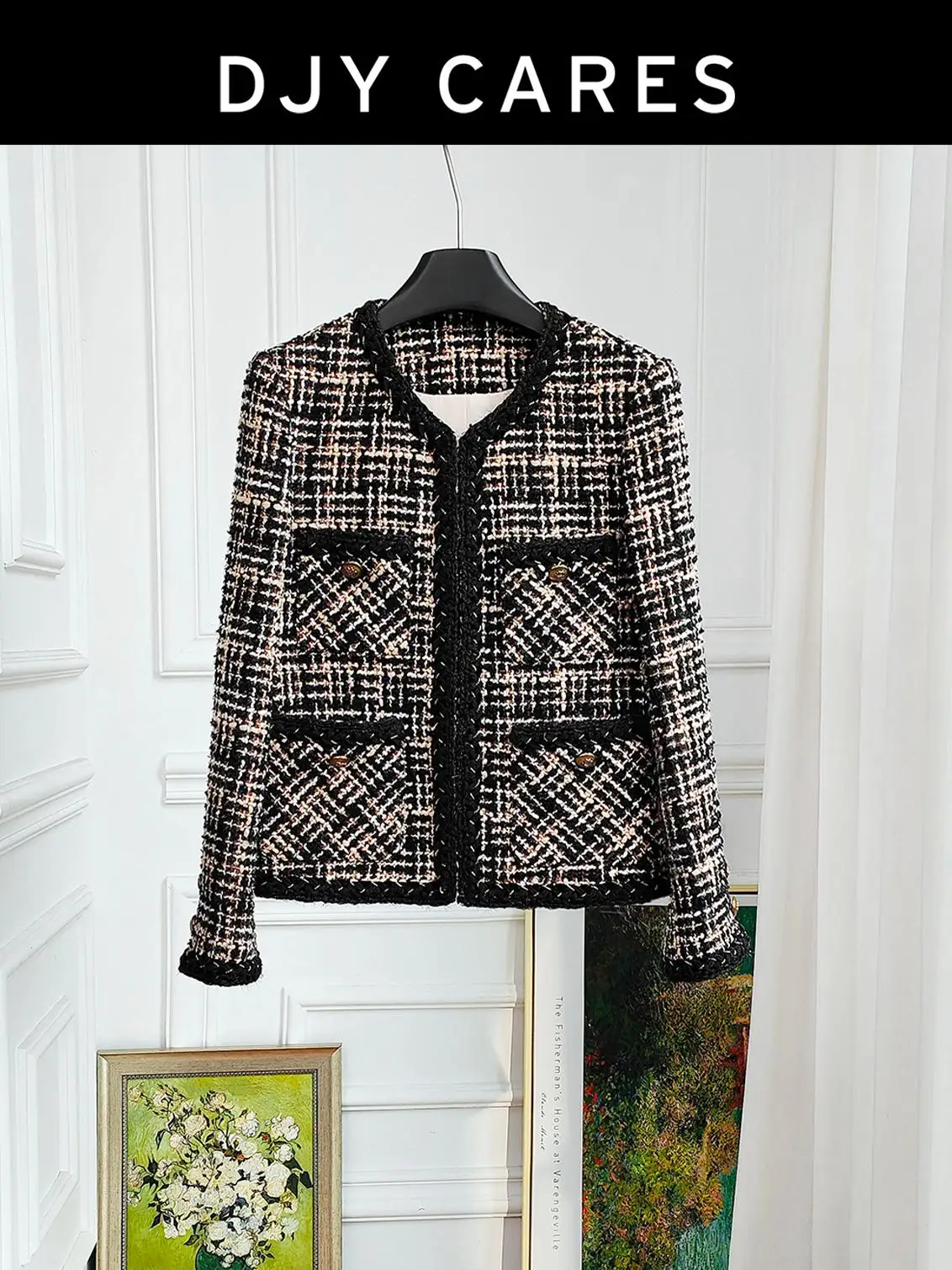 New Coarse tweed small gold grid high-end premium wool jacket big  size