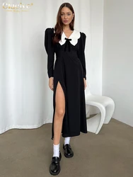 Clacive Fashion Loose Black Office Women's Dress Casual Lapel Long Sleeve Ankle Length Dresses Elegant Classic Slit Female Dress