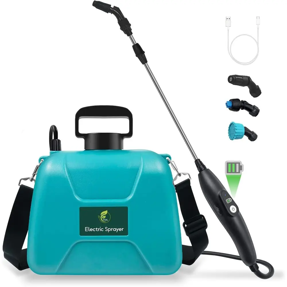 

2 Gallon Battery Powered Garden Sprayer, Electric Sprayer with USB Rechargeable Handle, 3 Mist Nozzles, Retractable Wand, Adjust