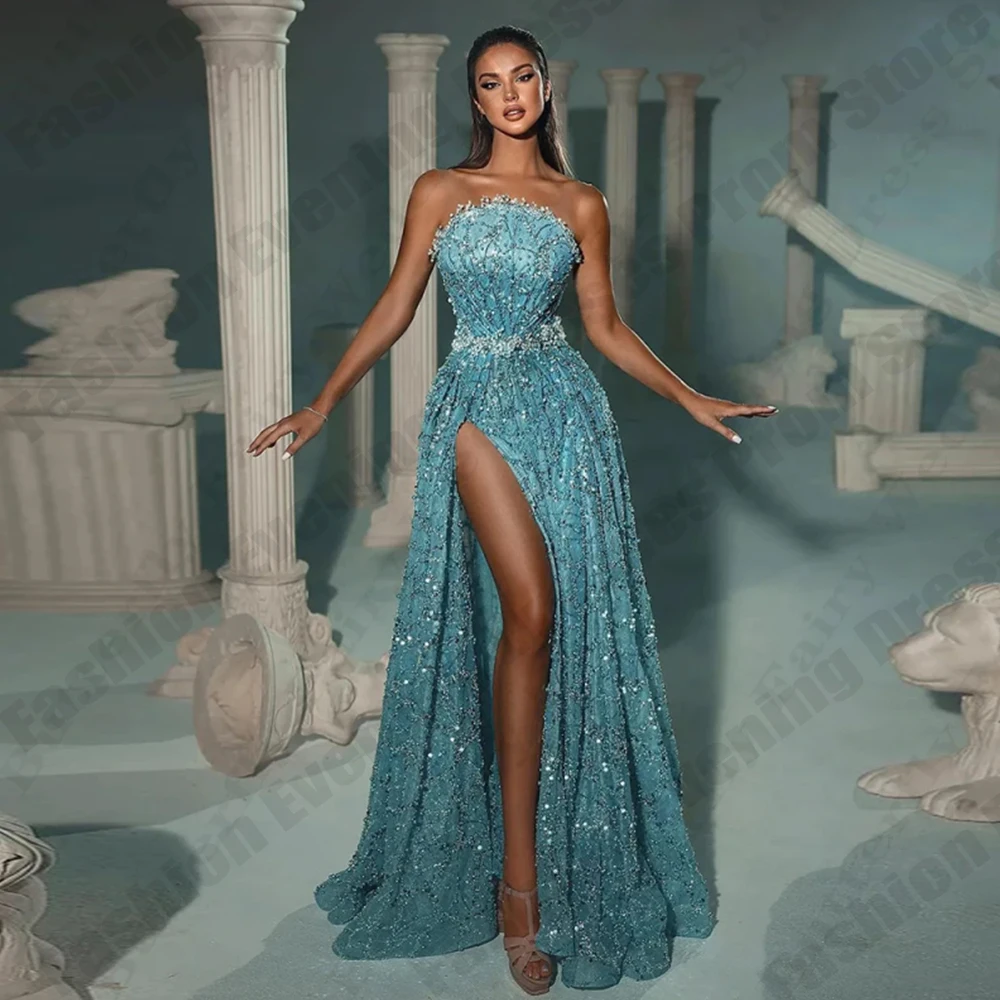 Glitter Luxury Pretty Blue Evening Dresses for Women Beading Sexy Off Shoulder Sleeveless A-line Prom Gowns Customized Robe 2026