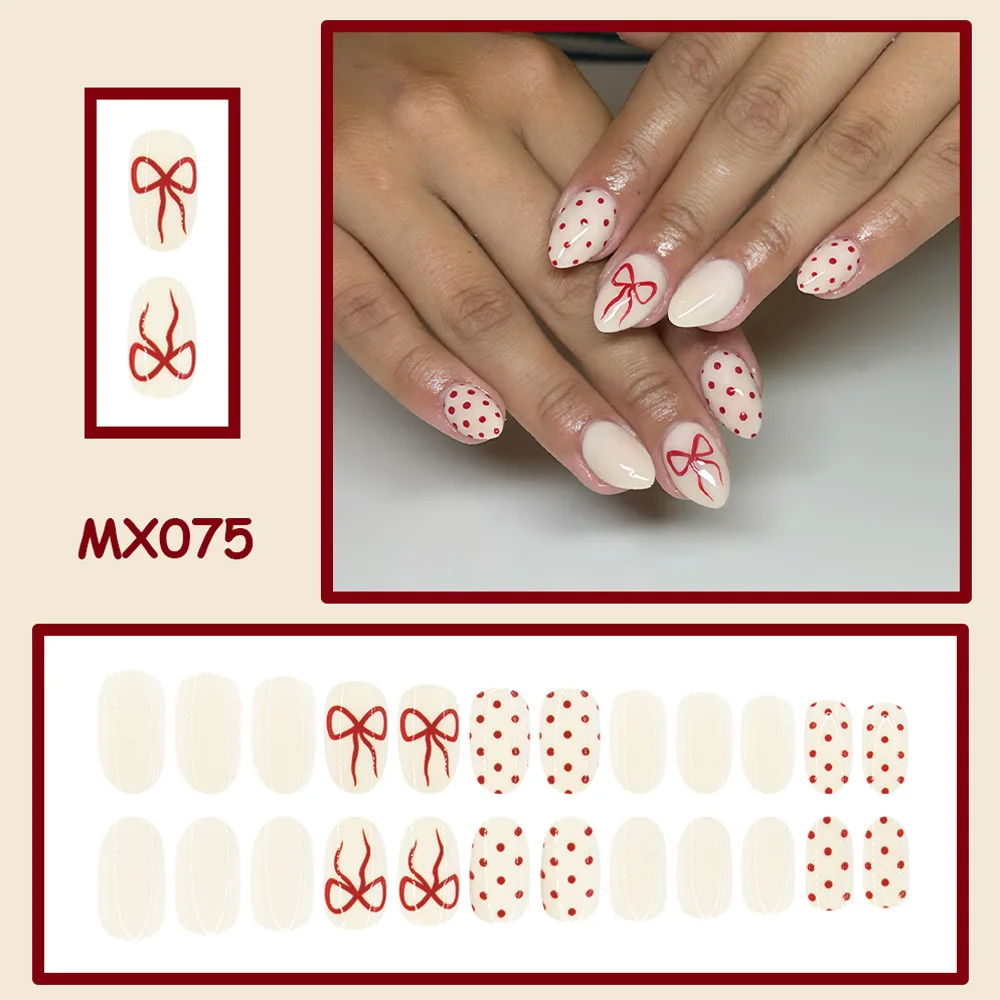 24pcs Cute Cream White Press On Nails Drawn Red Bow Polka Dot False Nail Sweet Minimalist Almond Fake Nail for Women&Girl