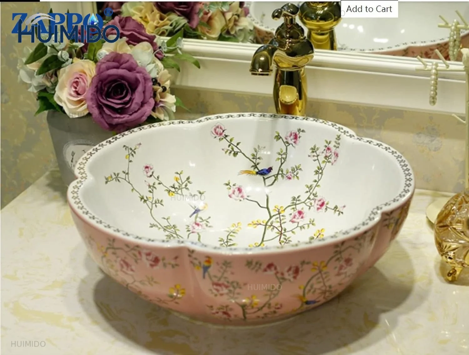 Above Counter Ceramic Vessel Sink For Bathroom Round Petal Shaped Flower & Bird Pattern Wash Basin Bowl Sinks With Faucet