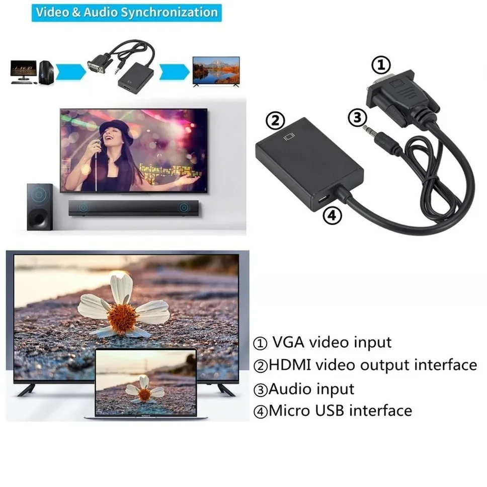 VGA to HDMI Converter Adapter Male to Female Cable With Audio 1080P VGA Adapter for PC Laptop to HDTV Projector