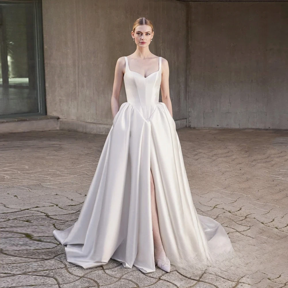 Customized Elegant Satin Wedding Dress Women A-Line Bride Gowns Pockets Spaghetti Straps Bridal Dress Vestidos De Novia