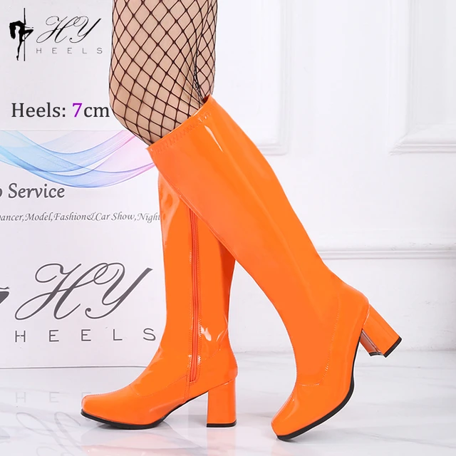 Orange Sexy Retro 60s 70s Gogo Boots Chunky Heel Knee High Club Boots Women CrossDressing Unisex Shoes 7cm Plus Size 46 AliExpress