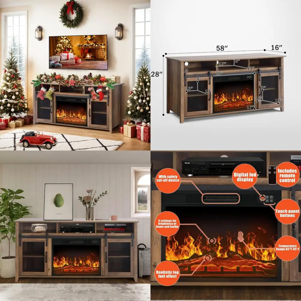 65 Rustic Oak Electric Fireplace TV Stand with Media Storage for Living Room