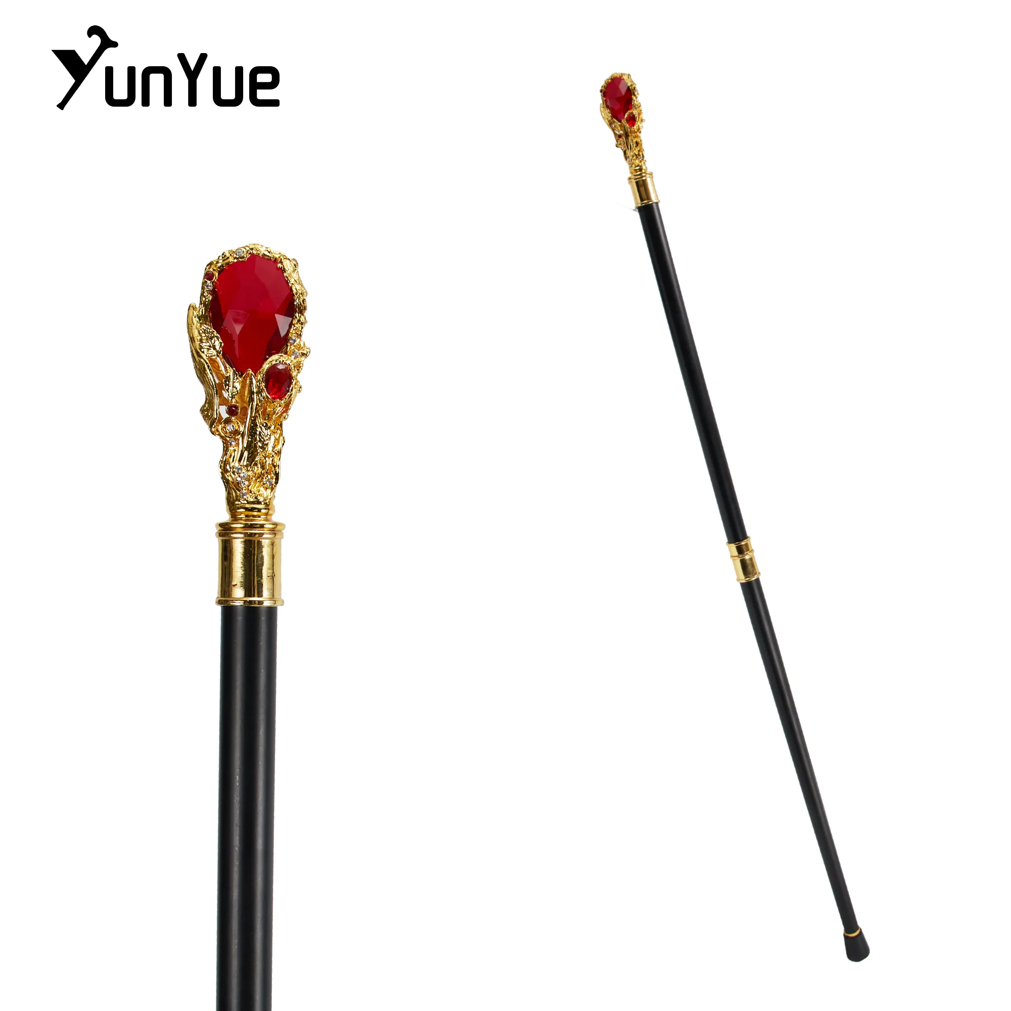 Gold Red Diamond Type Walking Cane Gentleman Vintage Handmade Fashion Decorative Walking Stick Art Collection Film Prop Crutches