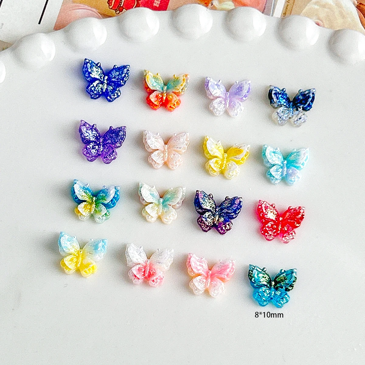 50PCS Popular Iridescent Luminous Butterfly Nail Art Charms Double Layer Dreamy Colorful  Butterfly Resin Nail Charms for DIY