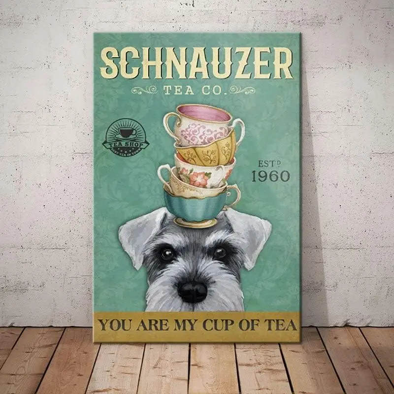 Metal Signs Schnauzer Dog Tea Company Signs Aluminum Retro Tin Signs for Home Cafe Kitchen 12x8 Inches