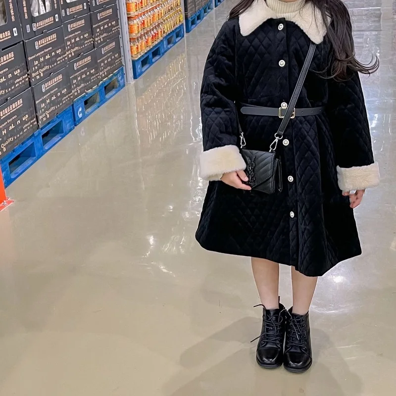 Baby Girl Princess Warm Cotton Padded Velvet Jacket Winter Child Vintage Long Coat Outwear Faux Fur Collar  Baby Clothes 2-12Y