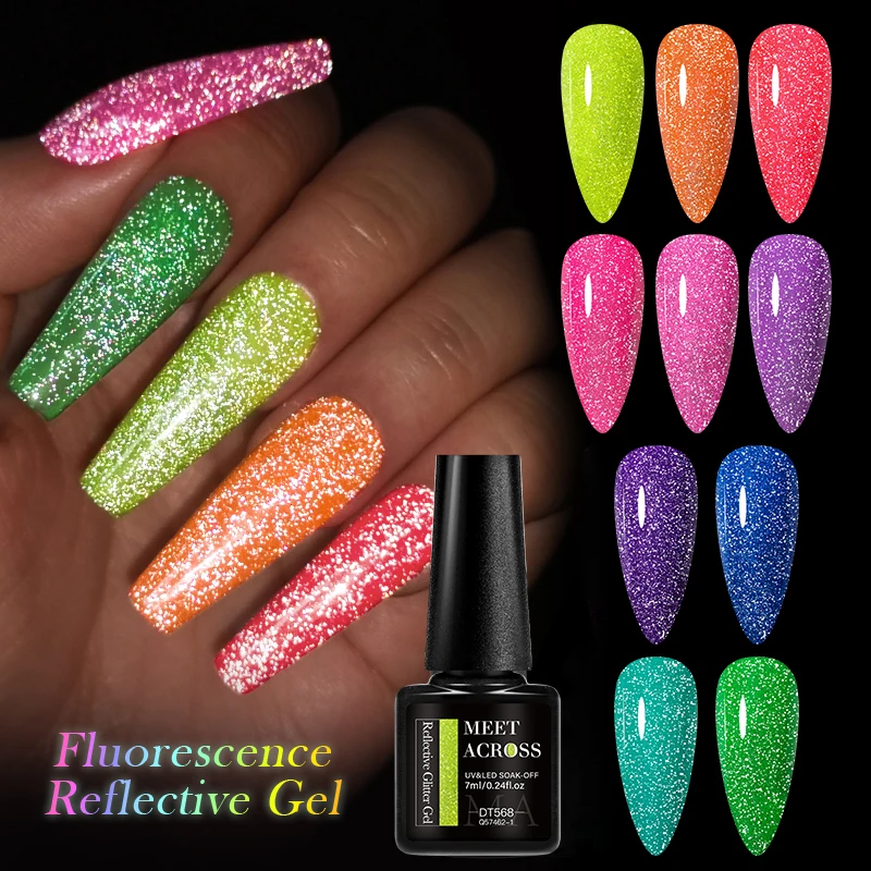 MEET ACROSS 7ml Fluorescent Reflective Gel Nail Polish Glitter Neon Summer Semi Permanent UV LED Gel Nail Art Varnish Manicure