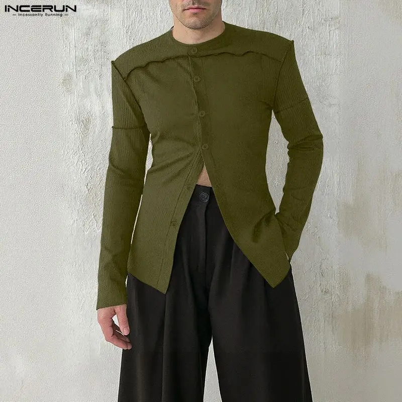 

INCERUN Men T Shirt Solid Color O-neck Long Sleeve Button Knitted Casual Male Tee Tops Streetwear Fashion Men Clothing Camisetas