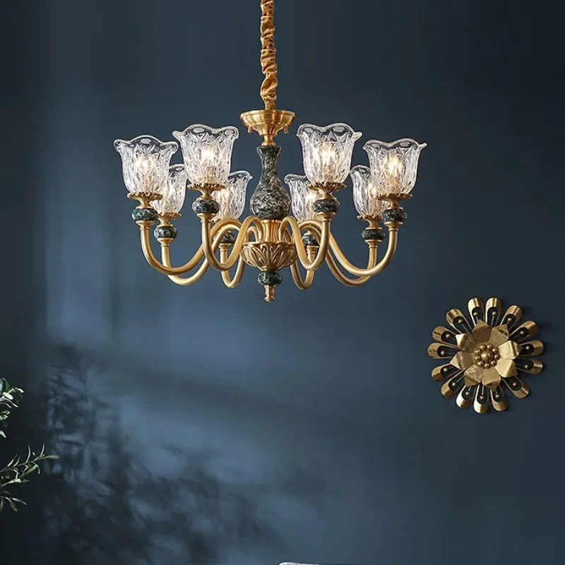 SANDYHA Nordic Retro LED Chandelier Copper Glass Pendant Light Ceramic Hanging Lamp For Bedroom Living Room Lobby Home Decor