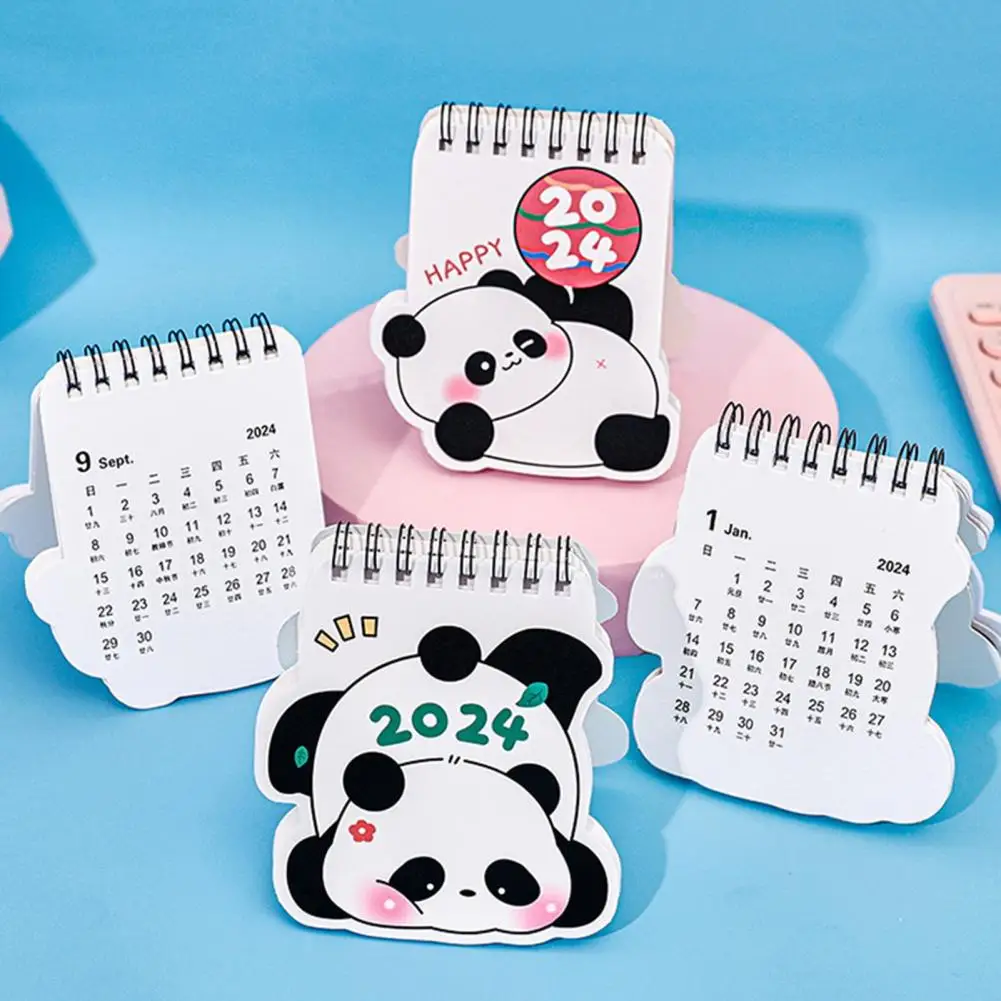 2024 Calendar Desk Calendar Cartoon Panda Pattern Standing Flips Calendar Manage Time Plan Tasks Mini Calendar for Home Office