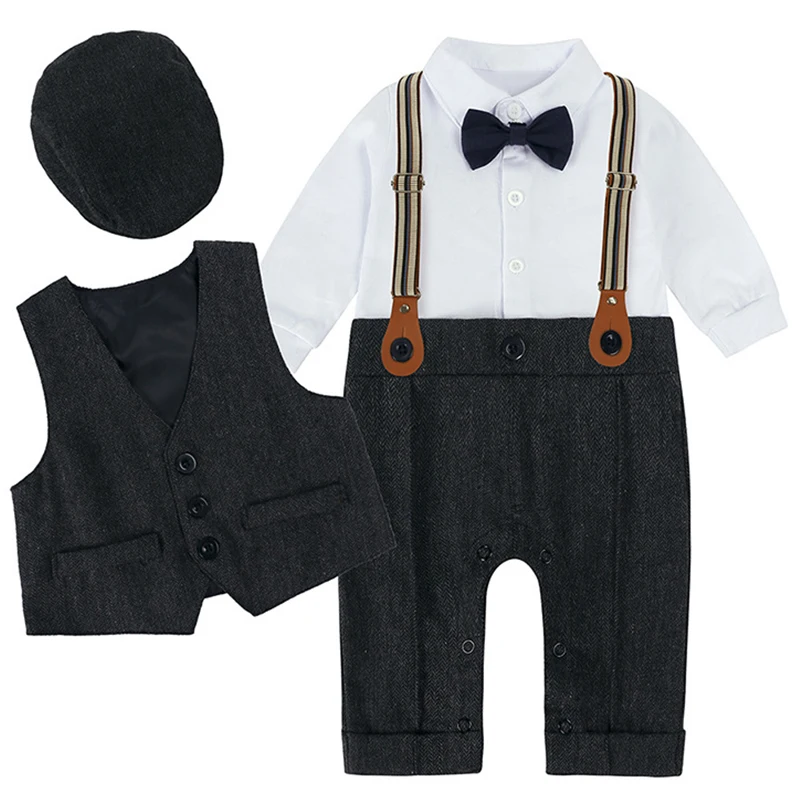 

3Piece Sets Spring Fall Newborn Boy Clothes Fashion Gentleman Long Sleeve Jumpsuit Romper+Vest+Hat Baby Boutique Clothing BC499