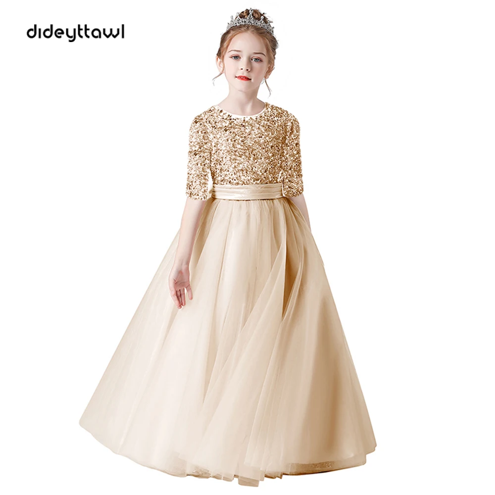 Dideyttawl Half Sleeves Flower Girl Dresses Bridesmaid Sequins Tulle Puffy Skirt Girls Birthday Party Pageant Gown