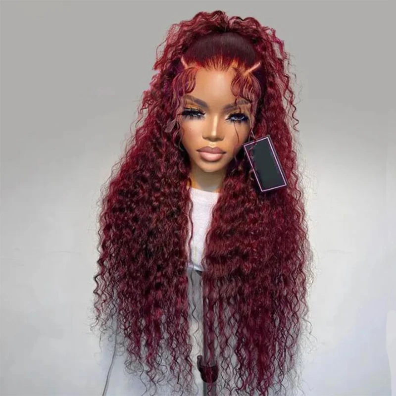 26Inch Soft Preplucked 99j Burgundy Color Long 180Density Lace Front Wig For Women Synthetic Kinky Curly With Baby Hair Glueless