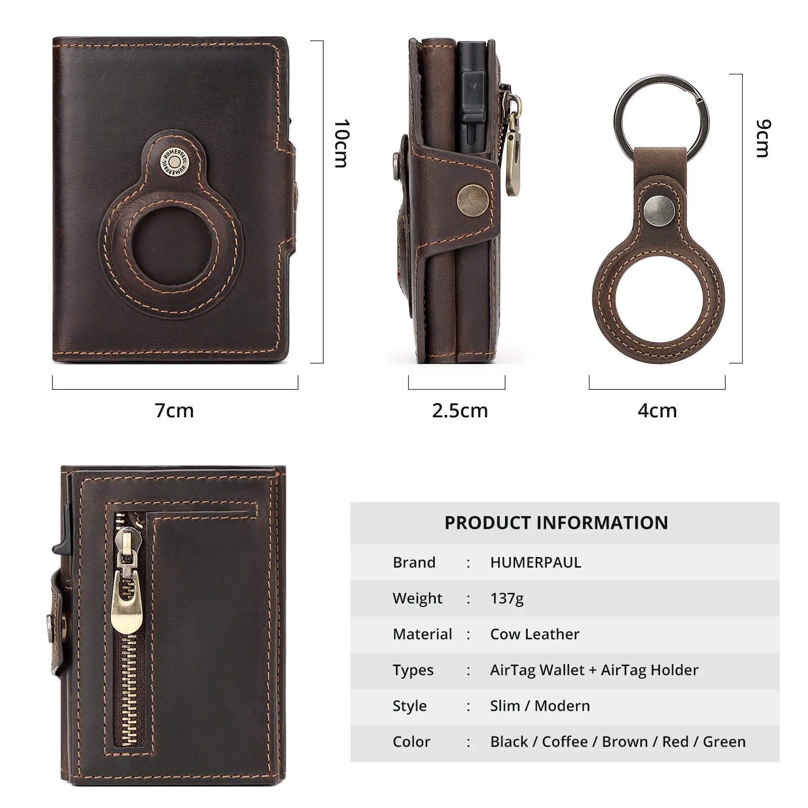 Crazy Horse Leather Apple AirTag Credit Card Holder RFID Protection Pop Up Wallet with Compartment for Notes and Coin Quality