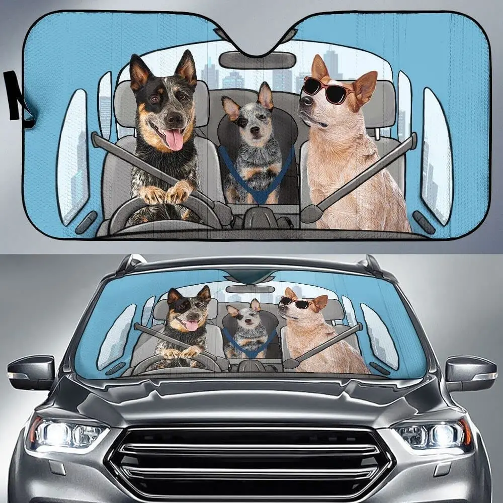 Australian Heeler Family Wearing Sunglasses Driving Blue Car Sunshade for Heeler Lover, Australian Cattle Dog Auto Sunshade for