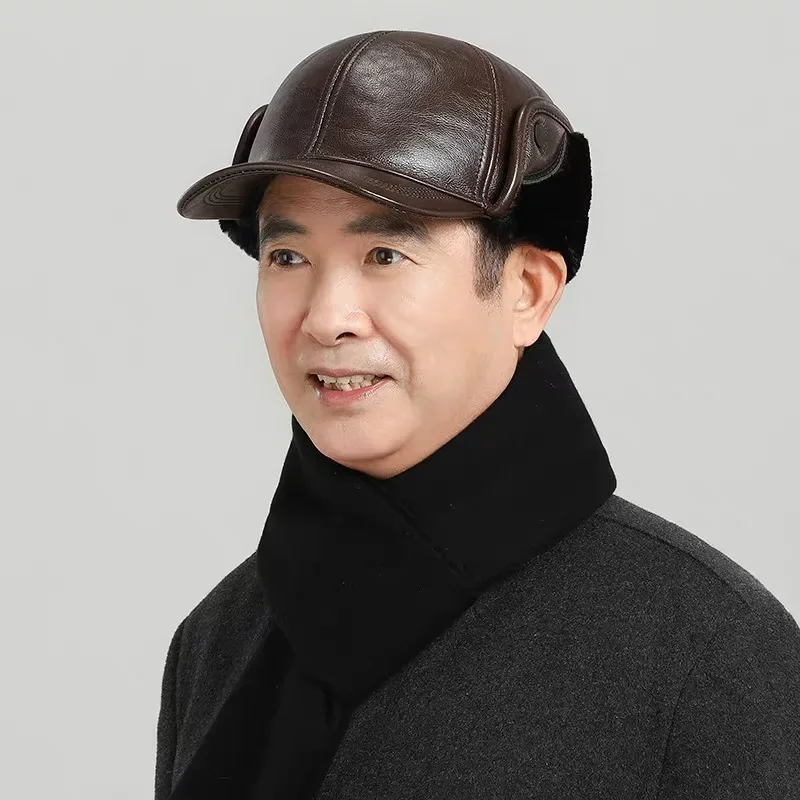 Winter Genuine Leather Keep Warm Hats Cowhide/Sheepskin Earmuffs Bomber Caps Plus Velvet Thicken Man Bone Caps Dad Hat