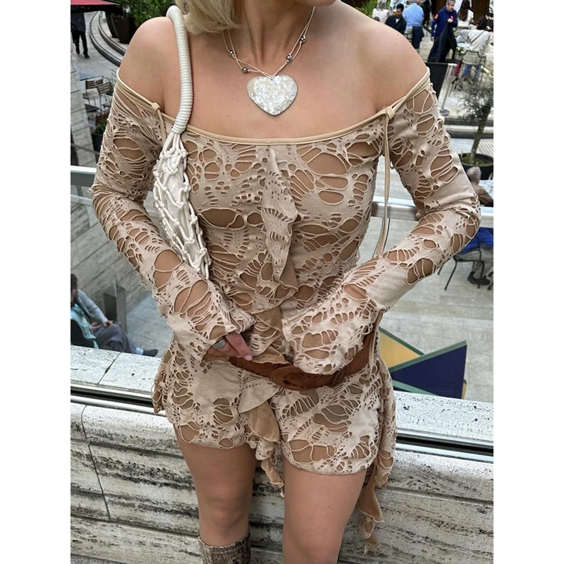 Combhasaki feminino amarrar ombro frio acima do joelho vestidos manga longa fora do ombro sem alças na moda rasgado em camadas babados vestido