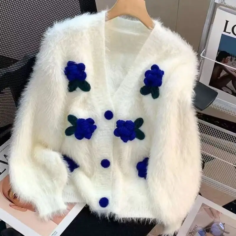 Spring Autumn  Women\'s Mink Wool Cardigan With Flowers Knit Coat