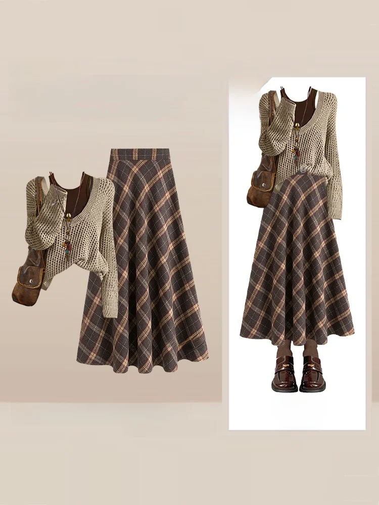 Herfst nieuwe uitgeholde gebreide trui set met geruite f rok voor dames zachte Sle lange Sve ronde Ne vrijetijdskleding