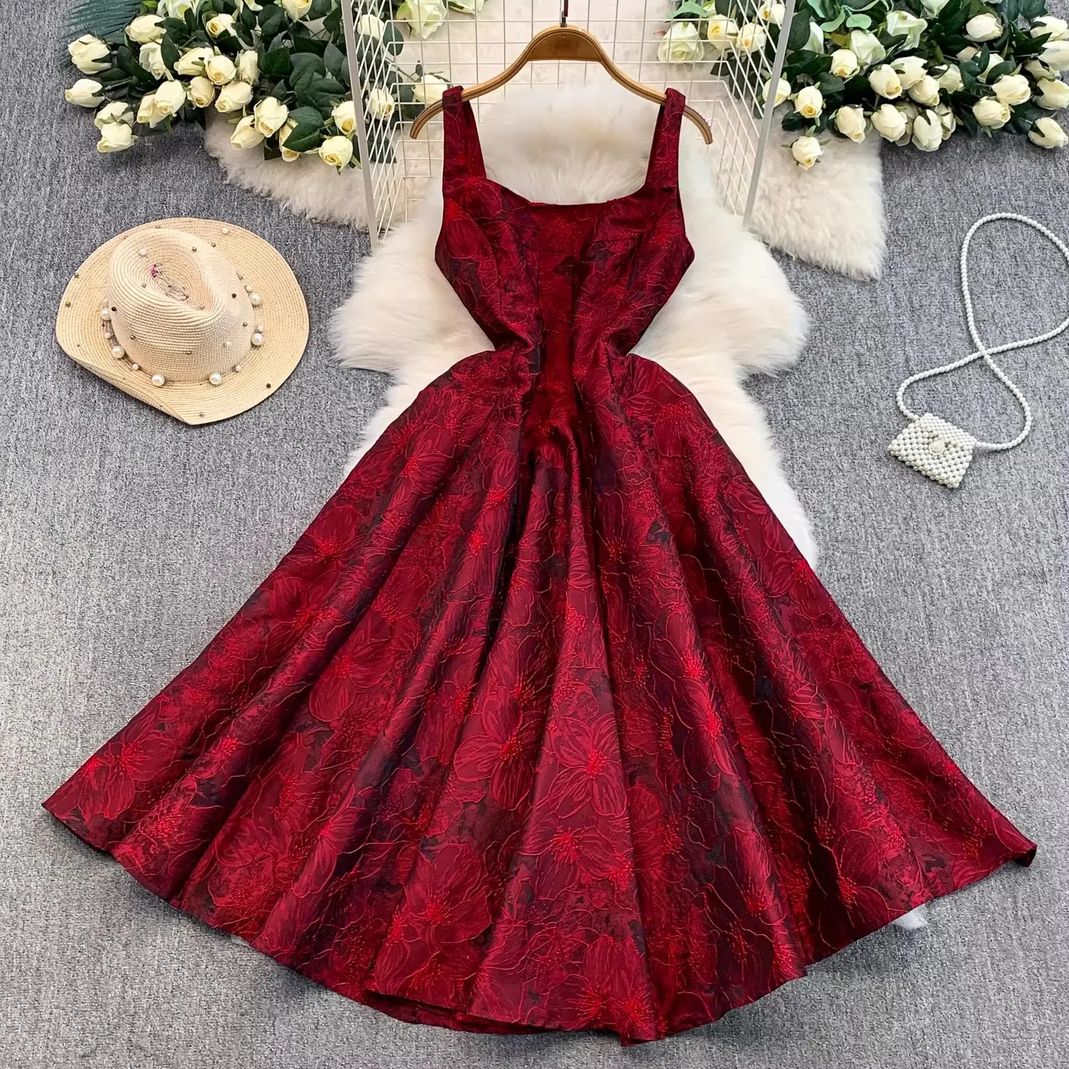 

High Quality Elegant Women Sleeveless Midi Dress A-Line Floral Jacquard Square Lady Autumn Winter Party Fashion Formal Vestidos