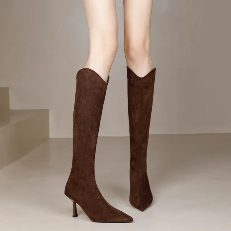 

Retro Women's Knee High Boots Fashion Pointed Tip High Heeled Boots for Woman Designer Shoes Exquisite Casual Boots Botas Mujer