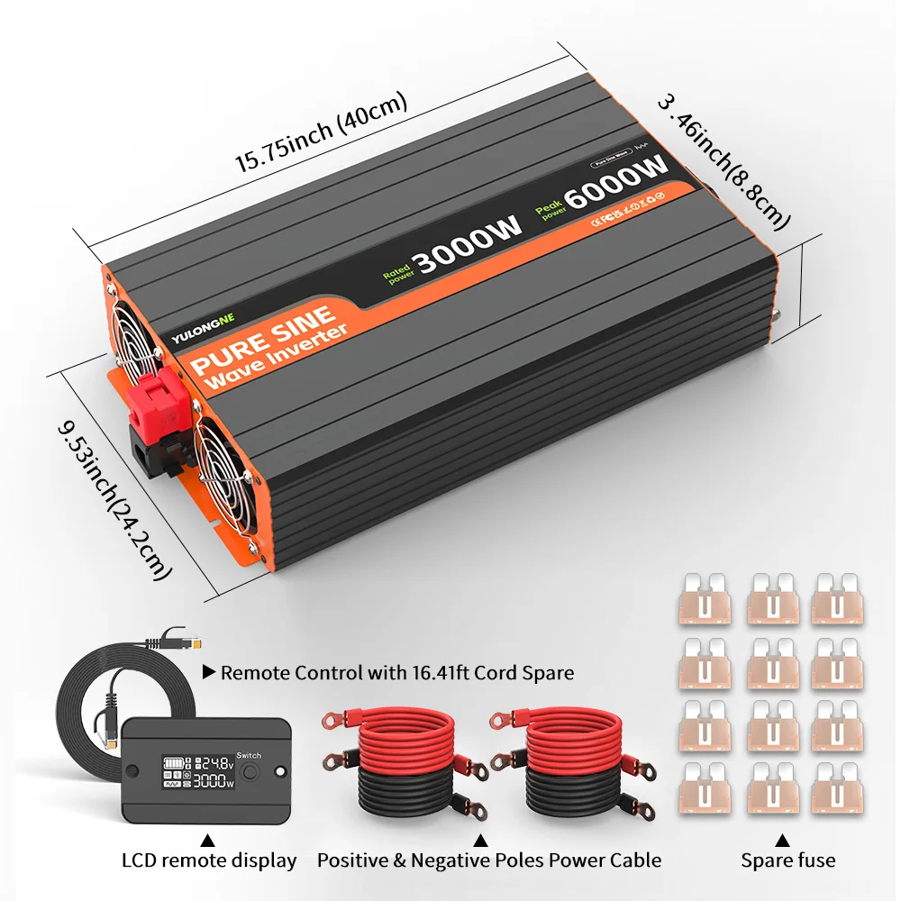 YULONGNE 6000W Pure Sine Wave Inverter 24V Battery to 110V AC, Sturdy Alloy Shell, Intelligent Fault Reminder, Work With Solar Panels, Remote Cabin RV Camping Tailgate Party Power