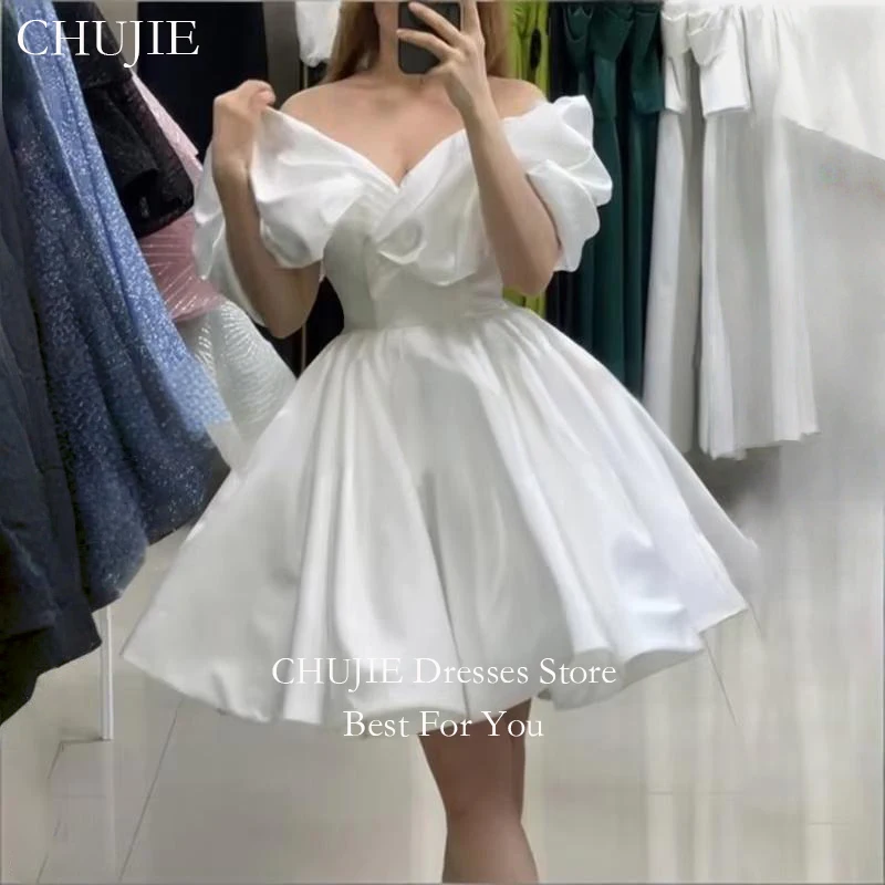 

Sexy Short Mini Women Cocktail Dress Bridesmaid Dresses Puff Sleeves A Line Satin Off Shoulder Wedding Party Dress Customized