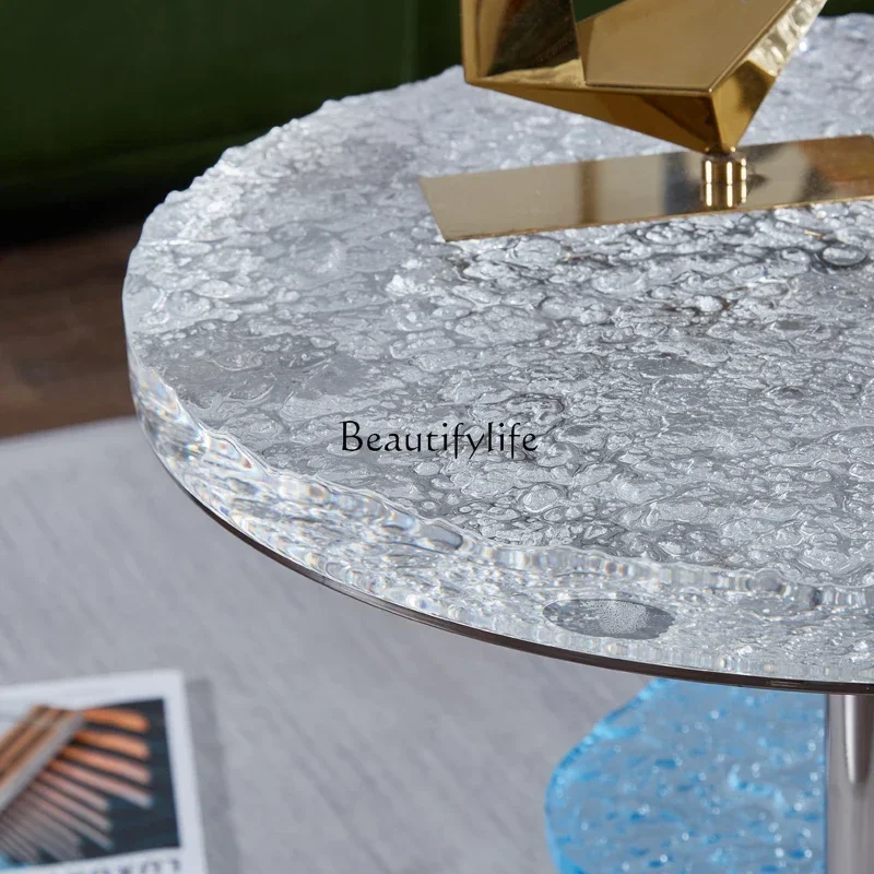 Mesa de centro de acero inoxidable para sala de estar, mesa de centro de acrílico transparente con ondas de agua creativas de diseño, borde de sofá ligero de lujo