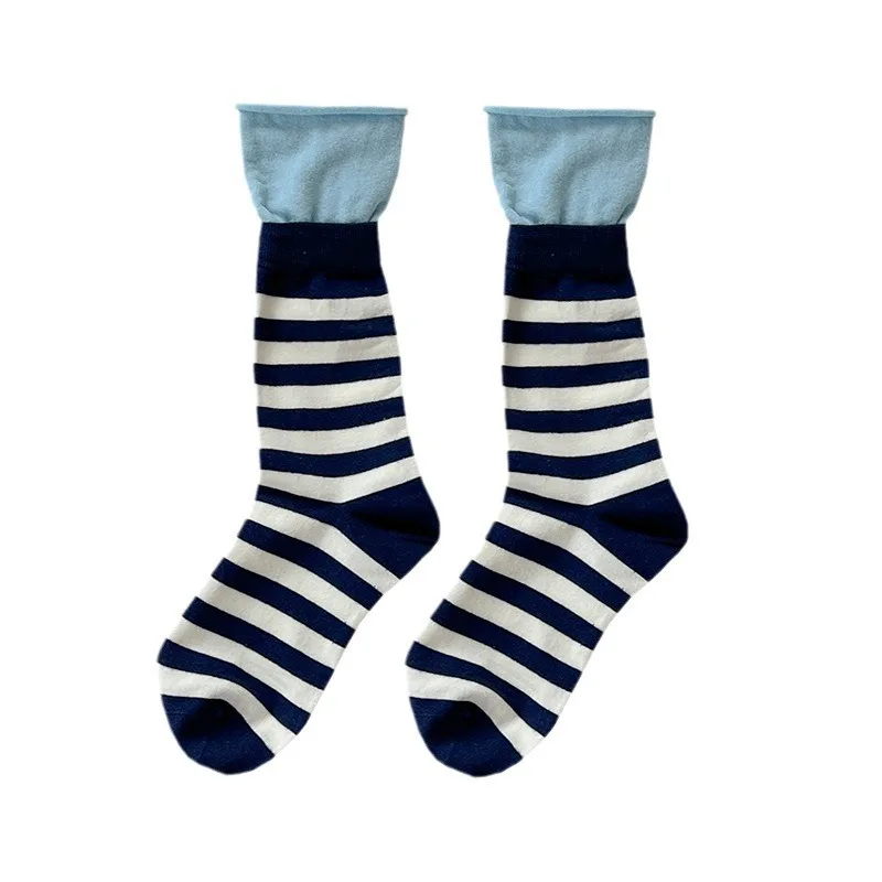 Women's Socks Japanese Striped Contrasting Dopamine Kawaii Rolled Edge Sports Mid Tube Socks Comfortable Breathable Cotton Socks image 6
