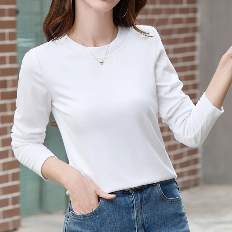 女性用長袖ラウンドネックコットントップ,ベーシックTシャツ,韓国カジュアルウェア,秋のTシャツ
