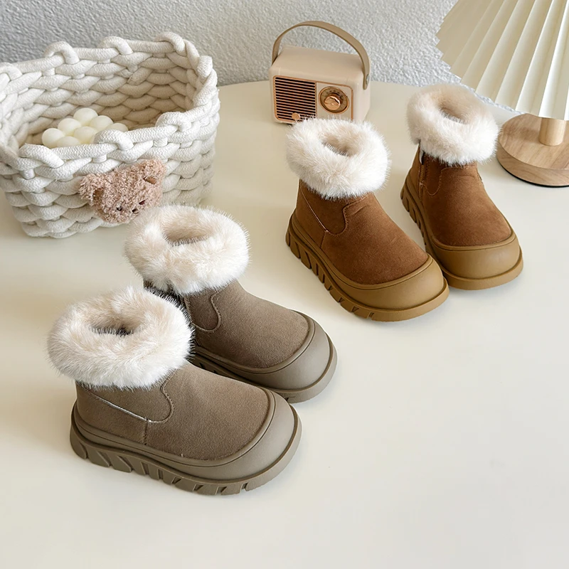 Girls Khaki/camel Casual Cotton Boots with Non Slip Soft Sole and Wear-resistant Side Zipper 2024 New Winter Warm Snow Boots