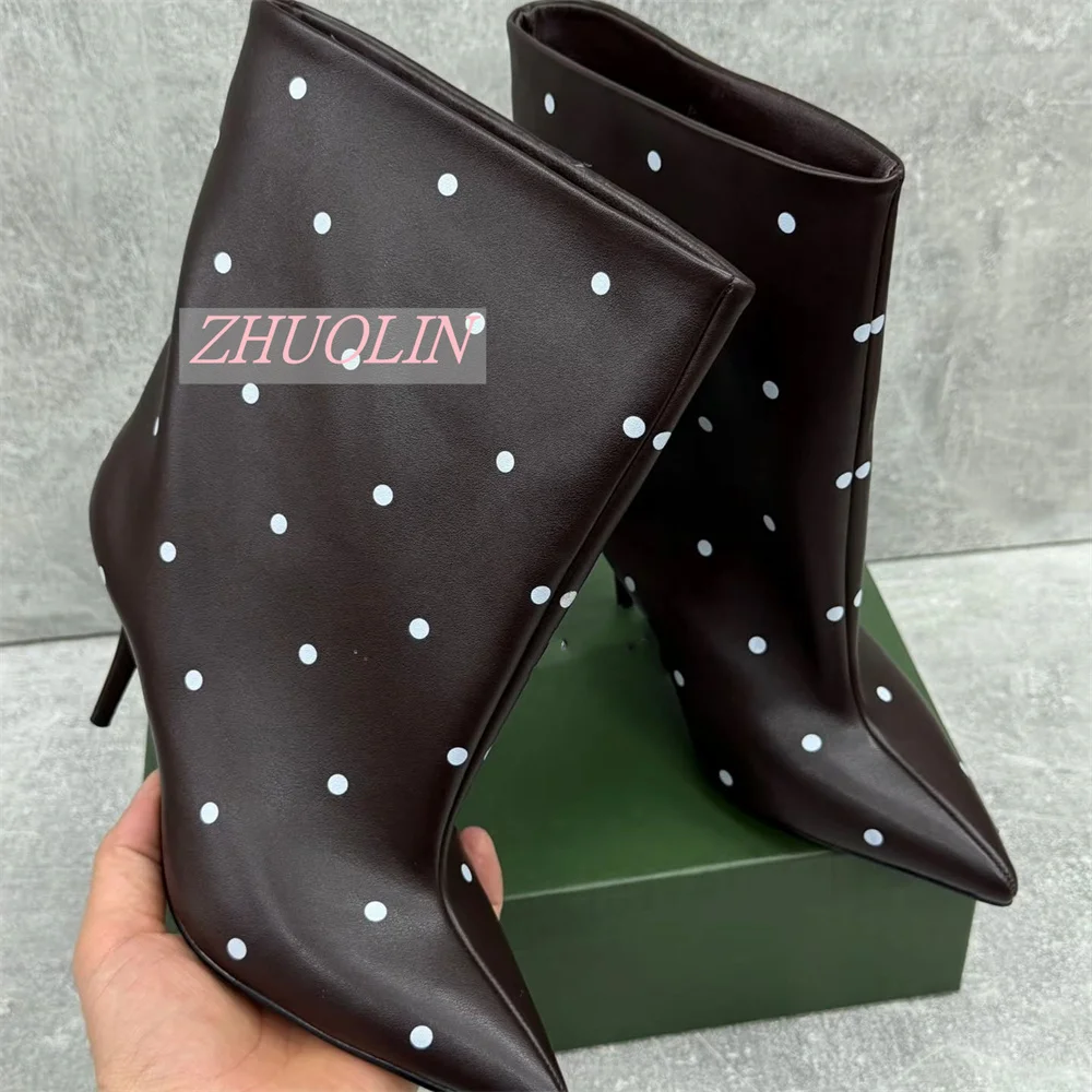 Women Black White Polka Dot Mid Calf Boots Pointed Toe Kitten Heels Wide Straight Shaft Smooth Finish Autumn Casual Dress Shoes - view 3
