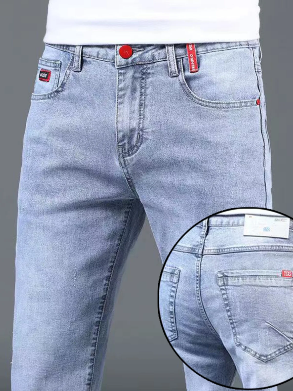 

Летние тонкие легкие облегающие джинсы, мужские модные эластичные корейские молодежные длинные брюки, повседневные прямые джинсовые джинсы