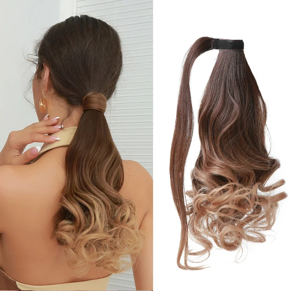

Длинные волнистые волосы с хвостиком, синтетические наращивания, обертывание вокруг пони, шиньон для женщин, повседневное использование, термостойкие искусственные волосы