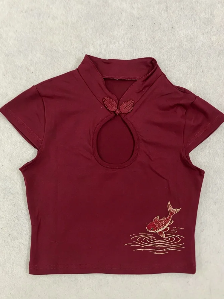 Wine Red New Chinese Qipao Crop Top Women Keyhole Frog Button Koi Bamboo Magpie Print Short Sleeve Blouse