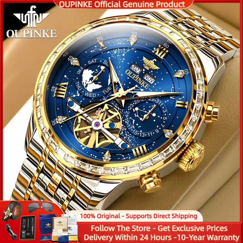 

OUPINKE 3255 Men Watch Top Luxury Tourbillon Fully Automatic Mechanical Watch Diamond Sapphire Mirror Waterproof Clock Men Gifts