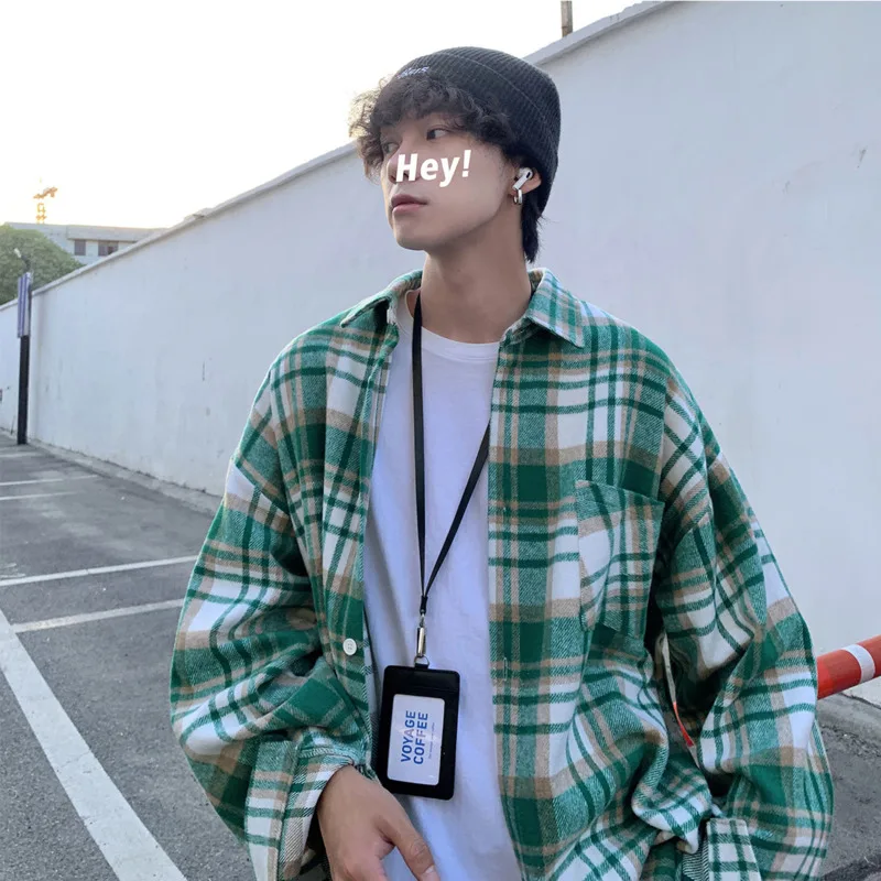 Herfst Dikke Wollen Shirt Mannen Mode Retro Casual Oversized Plaid Shirts Heren Koreaanse Blauw/Groen Losse Lange Mouwen shirt Mannen