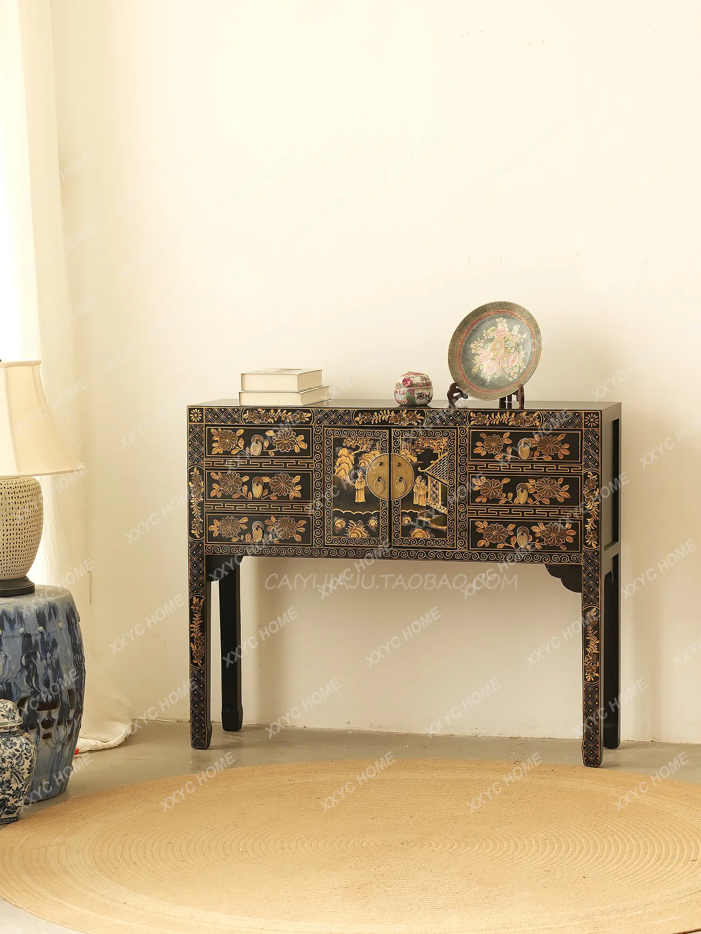 Gold-painted foyer, strip case, entrance cabinet, solid wood antique and old-fashioned painted edge