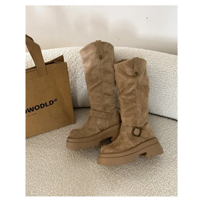 Ladies Thick Platform Mid Calf Boots, Faux Suede Ruched V Cut Shaft Metal Buckle Strap Round Toe Western Fashion Boots