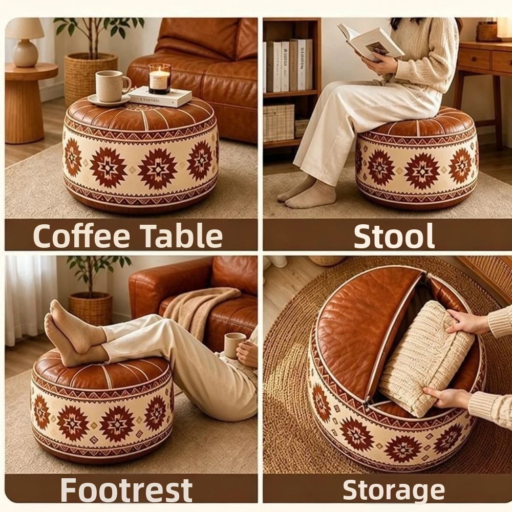 Boho Style Sofa Stool Cover PU Leather Unstuffed Round Footstool Cover Geometric Pattern Waterproof Clothes Storage Bag Leisure
