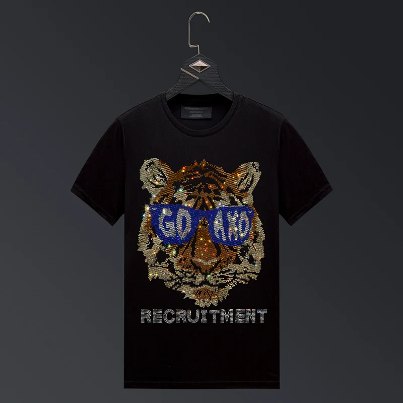 

2023 Funny Tiger Rhinestones T Shirts Men Fashion Streetwear O Neck Short Sleeve Slim Modal Cotton Casual T-shirts Plus Size 6XL