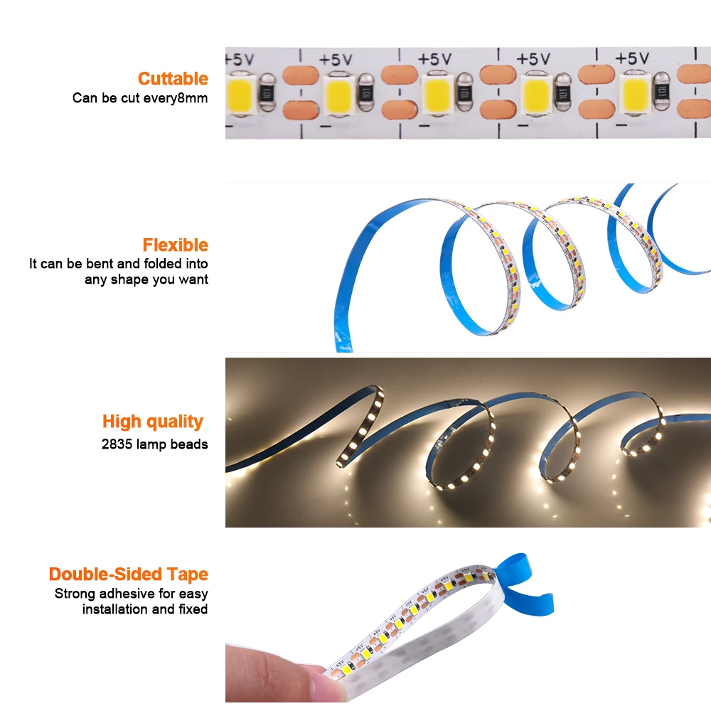 방 장식용 LED 스트립 조명, 유연한 LED 테이프 리본 다이오드, USB, 2PIN 와이어 LED 조명, 5V 2835, PCB 너비, 120Leds/m, 3mm, 5mm, 8mm