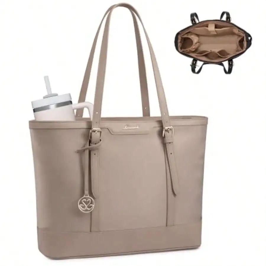 

Work Tote Bag For Women 15.6 Inch Laptop Computer Bags With Cup Holder Large Teacher Bag Briefcase For Business Office Travel Nude NylonandPU