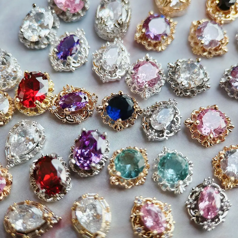 10pcs Pink Black Blue Oval Drop Round Zircon Bright Silver Nails Jewelry Decorations Nail Art Accessories Charms Parts Supplies