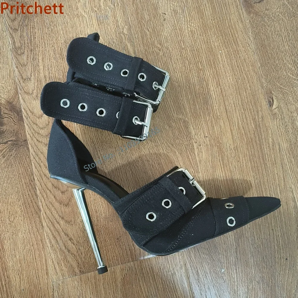 Rivet Metal Heel Solid Sandals Pointy Toe Thin Heel Buckle Strap Belt Decoration Hollow Stiletto Shoes Women Sexy Fashion Shoes