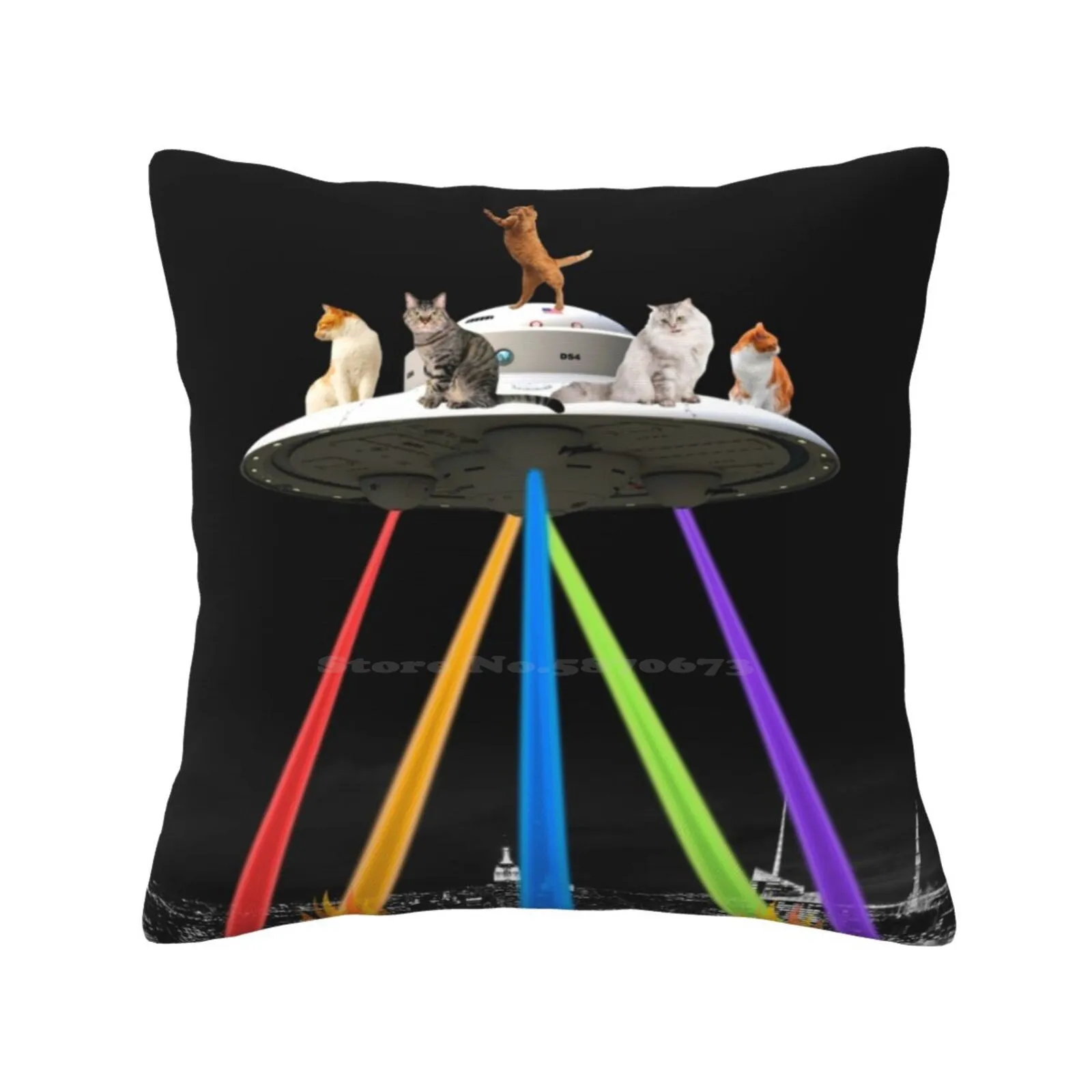 Cat Invaders Pillow Cover Hug Pillowcase Cats Invaders City Laser Sci Fi Movie Comic Attack Pop Art Black Colorful Buildings